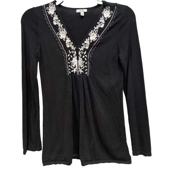 Y2K Cache Sweater Womens Medium Black Embroidered BOHO Long Sleeve V-Neck - Picture 1 of 7